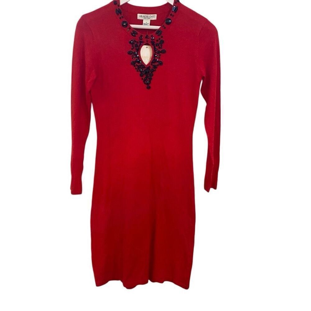 Melrose Chic NWT New York Red sweater dress beaded keyhole chest crew neck mediu
